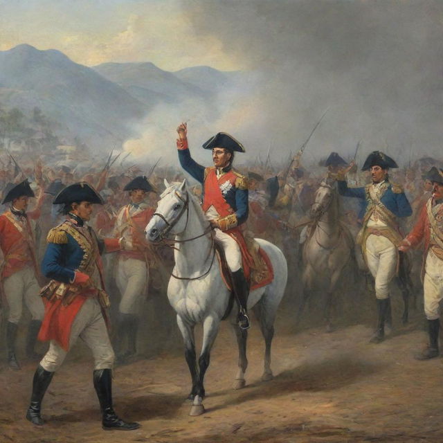 Historical scene depicting the moment when realism forces, led by Barreiro, surrender to Bolívar, marking the patriot victory at Boyacá.