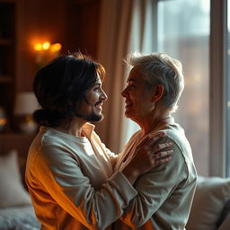 an intimate and romantic scene between two consenting adults in a beautifully lit room, bathed in soft, warm lighting, expressing their affection and closeness in a tender, loving way