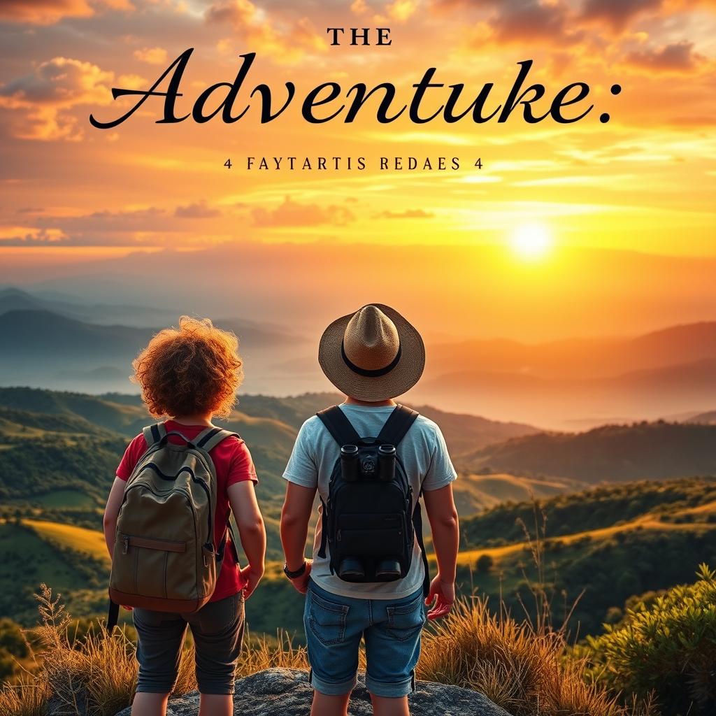 A captivating book cover featuring three adventurous teenagers, all around 14 years old, embarking on an exciting journey