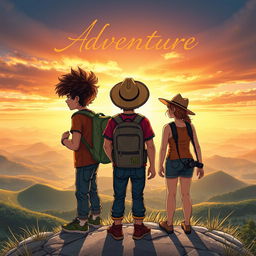 A captivating book cover featuring three adventurous teenagers, all around 14 years old, embarking on an exciting journey