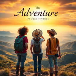 A captivating book cover featuring three adventurous teenagers, all around 14 years old, embarking on an exciting journey