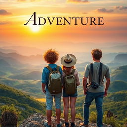 A captivating book cover featuring three adventurous teenagers, all around 14 years old, embarking on an exciting journey