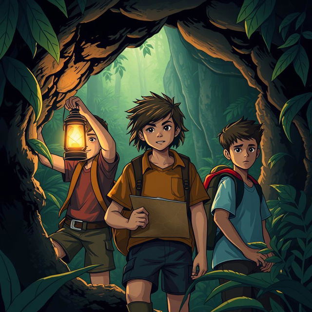 Uma capa de livro intrigante em português apresentando três adolescentes de 14 anos, envolvidos em uma aventura perigosa