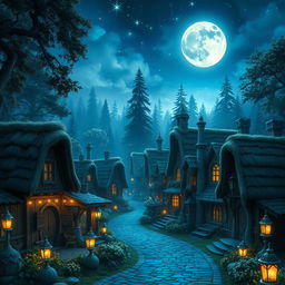 A magical fantasy village bathed in blue and silver moonlight, nestled amidst dense, towering trees