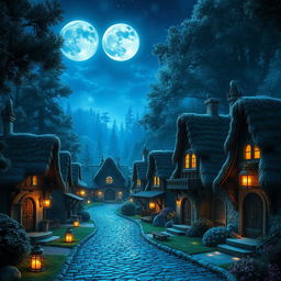 A magical fantasy village bathed in blue and silver moonlight, nestled amidst dense, towering trees