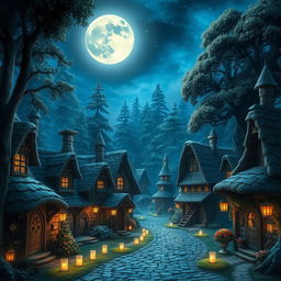 A magical fantasy village bathed in blue and silver moonlight, nestled amidst dense, towering trees