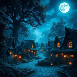 A magical fantasy village bathed in blue and silver moonlight, nestled amidst dense, towering trees