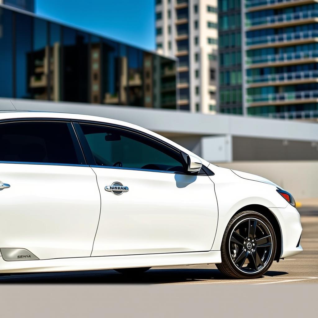 A white Nissan Sentra 2016 SV with black 5-star rims, accented with sleek black and red trim