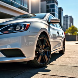 A white Nissan Sentra 2016 SV with black 5-star rims, accented with sleek black and red trim