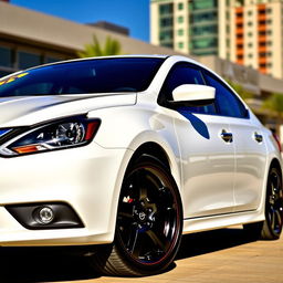 A white Nissan Sentra 2016 SV with black 5-star rims, accented with sleek black and red trim