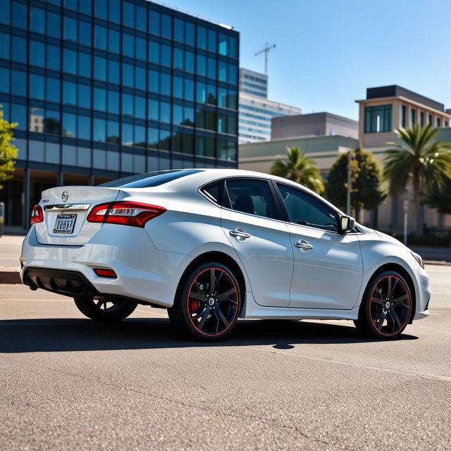 A white Nissan Sentra 2016 SV with black 5-star rims, accented with sleek black and red trim