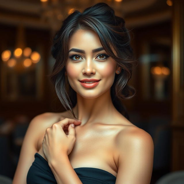 a captivating and alluring model posing confidently, with a charming smile and elegantly tousled hair, wearing a sleek and stylish outfit that accentuates her features