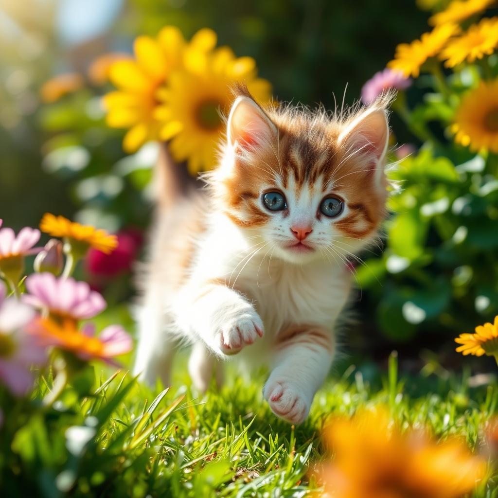 a cute and playful kitten with soft, fluffy fur, playfully pouncing in a sunlit garden