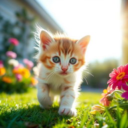 a cute and playful kitten with soft, fluffy fur, playfully pouncing in a sunlit garden