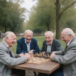 A group of jovial old men, each with distinctive features, sitting in the park playing chess.