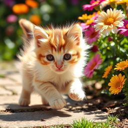 a cute and playful kitten with soft, fluffy fur, playfully pouncing in a sunlit garden