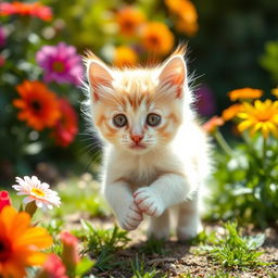 a cute and playful kitten with soft, fluffy fur, playfully pouncing in a sunlit garden