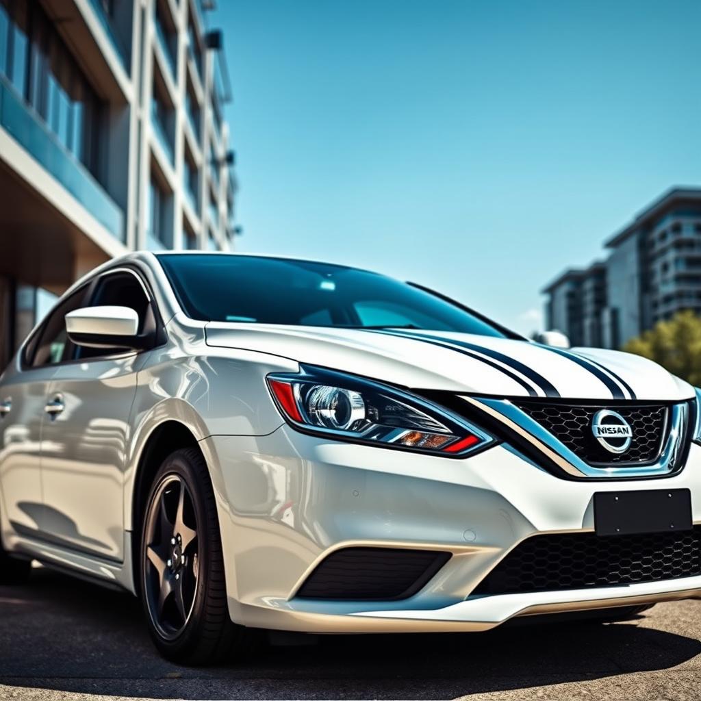 A full view of a white Nissan Sentra 2016 SV equipped with black 5-star rims, featuring black and red trim