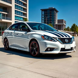 A full view of a white Nissan Sentra 2016 SV equipped with black 5-star rims, featuring black and red trim