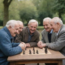 A group of jovial old men, each with distinctive features, sitting in the park playing chess.