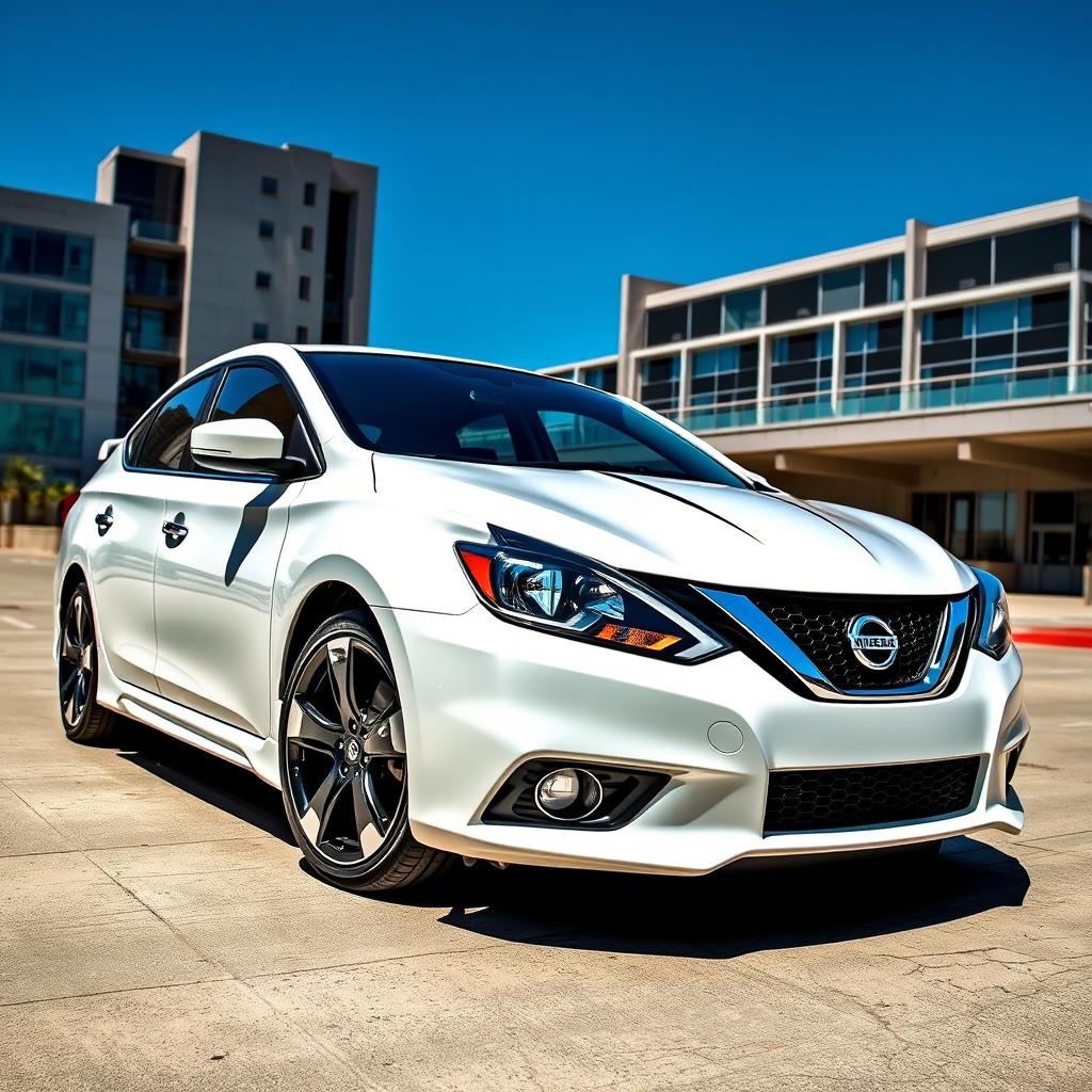 A full view of a white Nissan Sentra 2016 SV equipped with black 5-star rims, featuring black and red trim