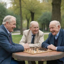 A group of jovial old men, each with distinctive features, sitting in the park playing chess.