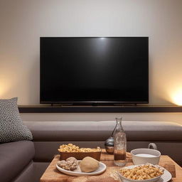 A cozy, modern TV room with a big flat-screen TV mounted on the wall, comfortable sofas, ambient lighting, and a coffee table laden with snacks.