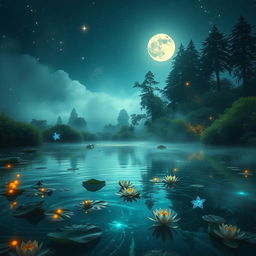 A mystical lake illuminated by the gentle light of a full moon, surrounded by lush, magical vegetation