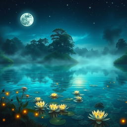 A mystical lake illuminated by the gentle light of a full moon, surrounded by lush, magical vegetation
