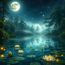 A mystical lake illuminated by the gentle light of a full moon, surrounded by lush, magical vegetation