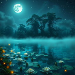 A mystical lake illuminated by the gentle light of a full moon, surrounded by lush, magical vegetation