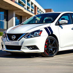 A full view of a white Nissan Sentra 2016 SV showcasing black 5-star rims and distinctive black and red trim