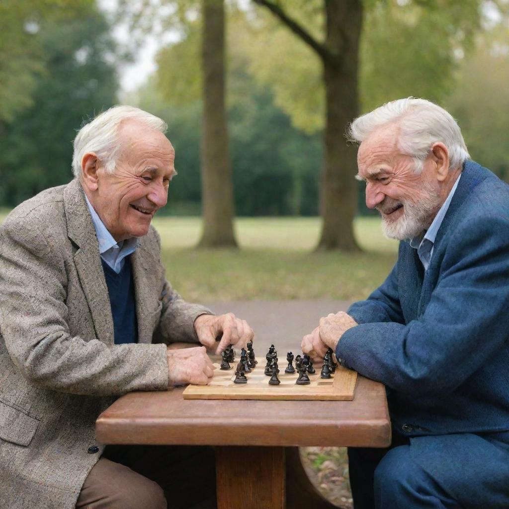 A group of jovial old men, each with distinctive features, sitting in the park playing chess.