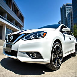 A full view of a white Nissan Sentra 2016 SV showcasing black 5-star rims and distinctive black and red trim