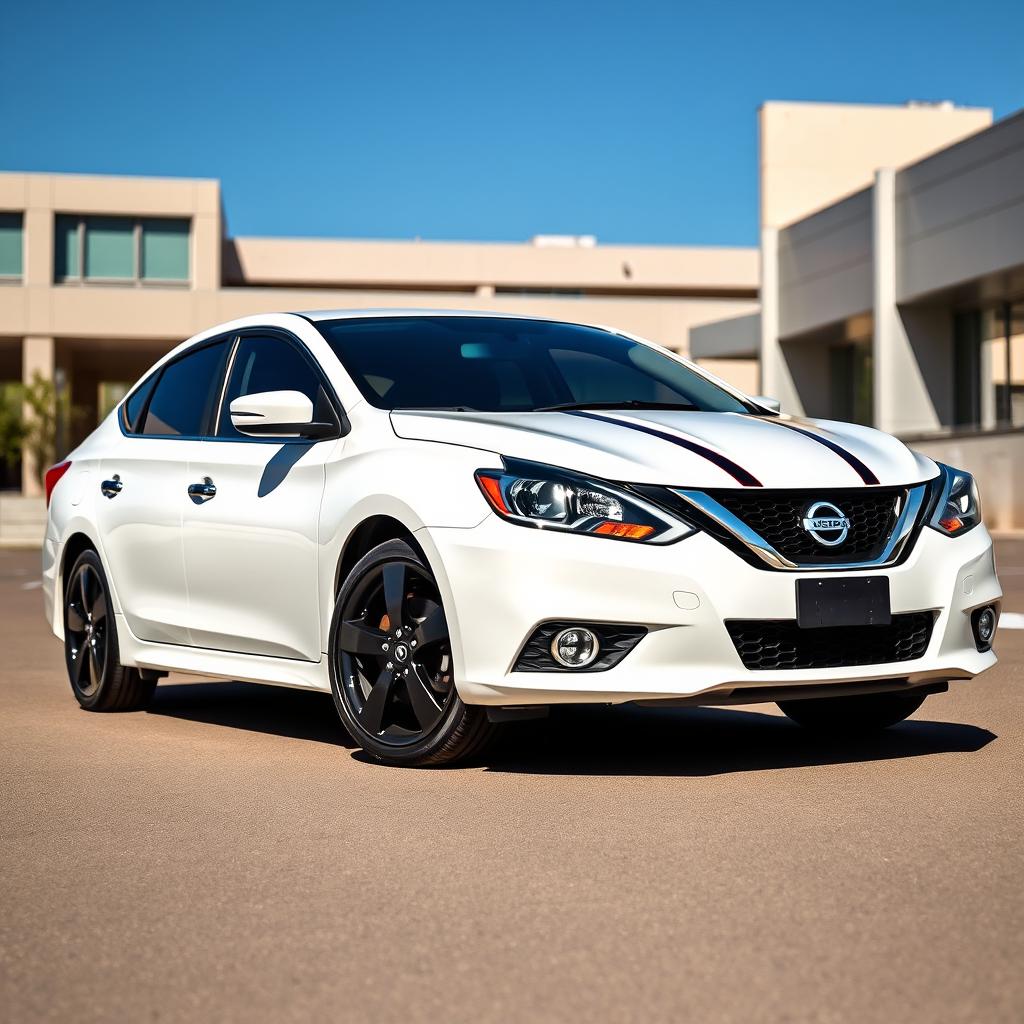 A full view of a white Nissan Sentra 2016 SV showcasing black 5-star rims and distinctive black and red trim