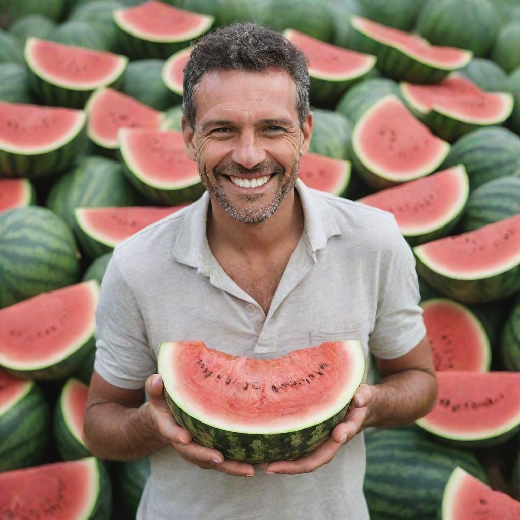 A man with a big smile, surrounded by heaps of watermelon rinds, holds a juicy slice of watermelon ready to be eaten.