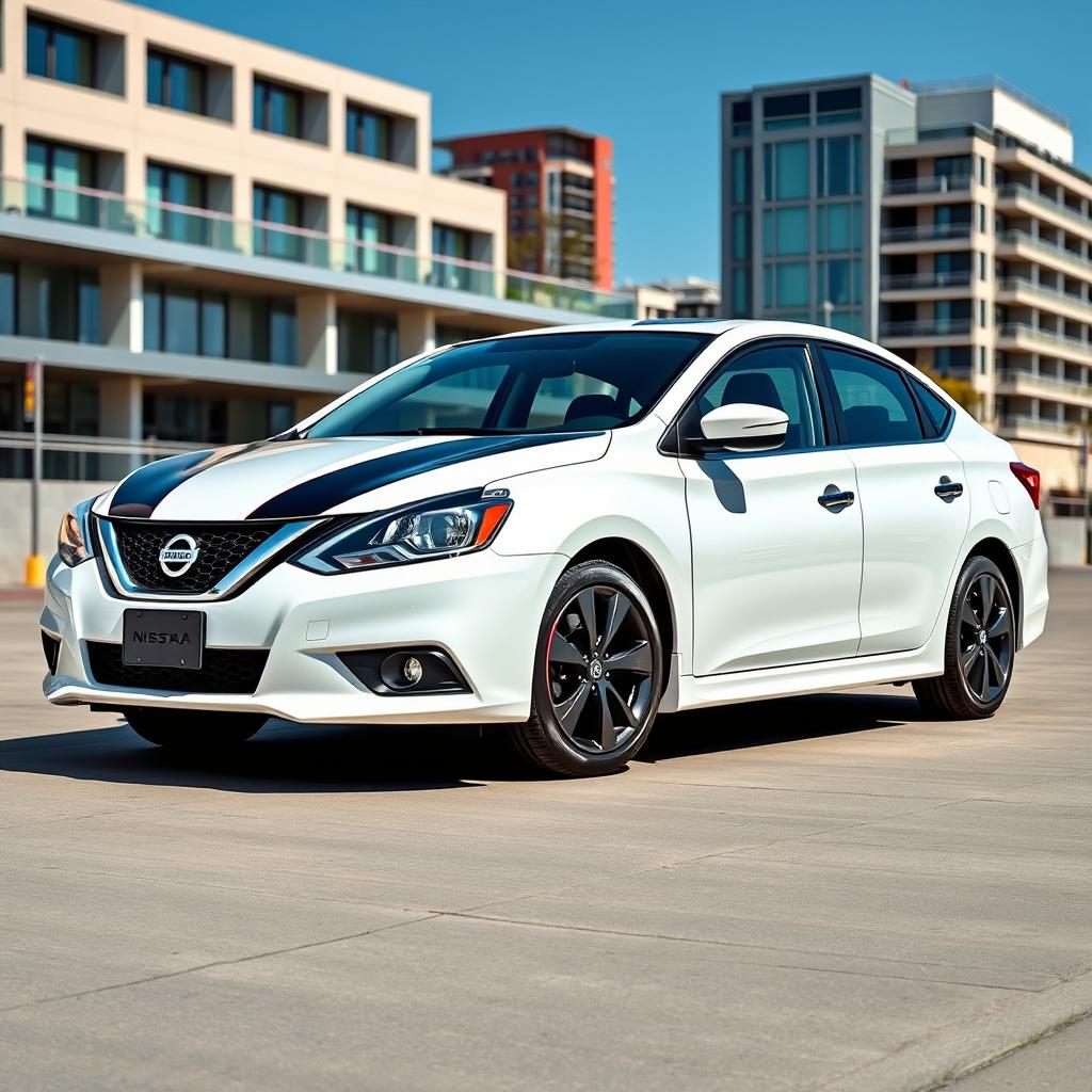 A full view of a white Nissan Sentra 2016 SV featuring stylish black and red trim, black 5-star rims, and a striking black hood racing stripe