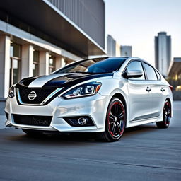 A full view of a white Nissan Sentra 2016 SV featuring stylish black and red trim, black 5-star rims, and a striking black hood racing stripe