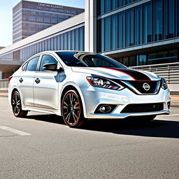 A full view of a white Nissan Sentra 2016 SV featuring stylish black and red trim, black 5-star rims, and a striking black hood racing stripe