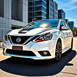 A full view of a white Nissan Sentra 2016 SV featuring stylish black and red trim, black 5-star rims, and a striking black hood racing stripe