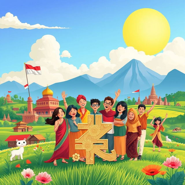 A vibrant and colorful illustration showcasing Indonesian culture and heritage, with a strong emphasis on the theme of national pride and the Indonesian Rupiah