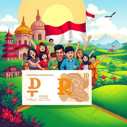 A vibrant and colorful illustration showcasing Indonesian culture and heritage, with a strong emphasis on the theme of national pride and the Indonesian Rupiah