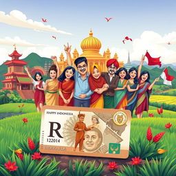 A vibrant and colorful illustration showcasing Indonesian culture and heritage, with a strong emphasis on the theme of national pride and the Indonesian Rupiah