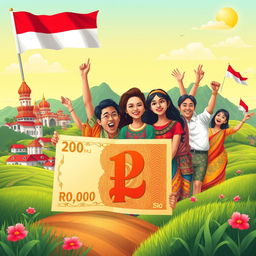 A vibrant and colorful illustration showcasing Indonesian culture and heritage, with a strong emphasis on the theme of national pride and the Indonesian Rupiah