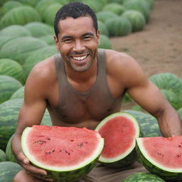 A man with a big smile, surrounded by heaps of watermelon rinds, holds a juicy slice of watermelon ready to be eaten.