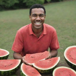 A man with a big smile, surrounded by heaps of watermelon rinds, holds a juicy slice of watermelon ready to be eaten.