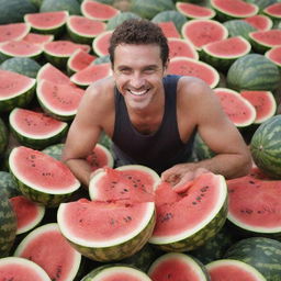 A man with a big smile, surrounded by heaps of watermelon rinds, holds a juicy slice of watermelon ready to be eaten.