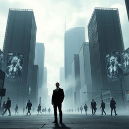 A dystopian corporate landscape featuring towering skyscrapers with a cold, ominous design