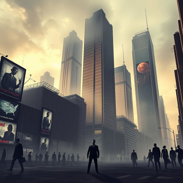 A dystopian corporate landscape featuring towering skyscrapers with a cold, ominous design