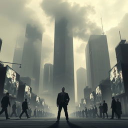 A dystopian corporate landscape featuring towering skyscrapers with a cold, ominous design